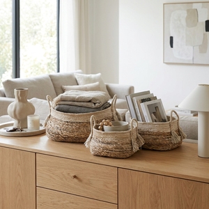 Ensemble de paniers de rangement en jute et écorce de bananier naturelle, avec poignée arquée à franges et pompons, pot de fleurs ovale peu profond, décoration artistique pour la maison et artisanat - Product Image 5