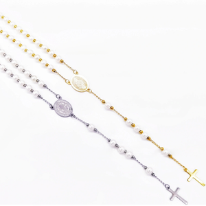 สร้อยคอลูกประคำสีทองประดับด้วยลูกปัดไข่มุกไม่เสื่อมเสียทำจากสเตนเลสสตีลสร้อยคอลูกประคำสีทองสำหรับสุภาพสตรี Guadalupe Christ - Product Image 6