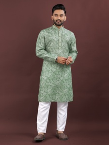 Tela Semi Lino Algodón Impreso Digital Estilo de Fiesta Kurtas para Hombres con Diseño de Tejido Botones Antiguos Hasta La Rodilla Ajuste Regular - Product Image 2