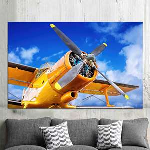 Affiche d'aviation vintage sur toile : hélice d'avion jaune et bleue, toile encollée - Product Image 1