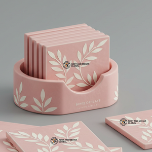 Proveedor Indio Ofrece Juego de Posavasos Cuadrados Hechos a Mano con Incrustaciones de Hueso Rosa y Blanco de 3 mm de Grosor, con Patrón Floral, Ecológicos y Duraderos - Product Image 4