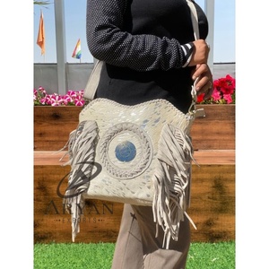 New Western Style Hair on Metallic Suede Leather <b>Fringe</b> Crossbody Bags High Quality Genuine Leather Middle Concho Shoulder Bags - Product Image 1