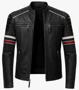 Chaqueta de Motociclista Estilo Slim Fit para Hombre en Cuero Vacuno Negro con Mangas a Rayas, Ropa Exterior Informal, Chaqueta de Cuero Genuino - Product Image 1
