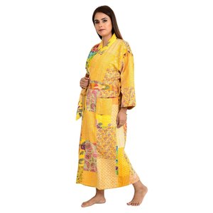 Kantha-Stich 100% Cotton Reversible Long Kimono Handmade Knit <b>Cape</b> Unisex Gift Yellow for <b>Women</b> 1 Piece Textured Stand Collar - Product Image 4