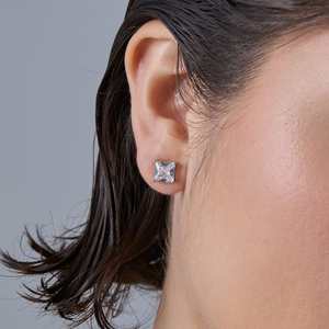 Princess Cut 92.5 <b>Silver</b> <b>Stud</b> <b>Earrings</b> Vintage 14K Gold Plated Geometric Pattern with Diamond for Parties - Product Image 2