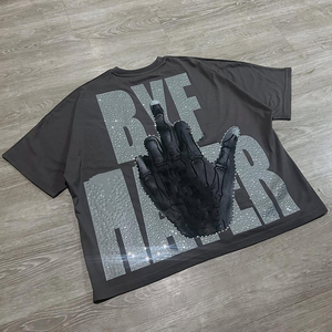 T-shirt court Boxy surdimensionné de haute qualité pour hommes t-shirt graphique de Style Hip Hop avec ourlet en détresse strass coton Streetwear - Product Image 2