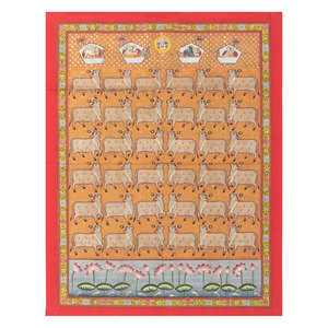 Tapiz de Pared de Estilo Bohemio Navideño con Diseño Pichwai en Rojo y Naranja, de Tela de Algodón, para Decoración del Hogar o Exteriores, con Patrón Escénico en Formato de Cuerda - Product Image 1