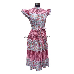 เดรสยาวลายดอกไม้ผ้าฝ้ายพิมพ์ลายดิจิทัล ดีไซน์สวยหรู เป็นมิตรต่อสิ่งแวดล้อม พร้อมเข็มขัดผ้าฝ้าย 100% ทรงเอไลน์ เหมาะสำหรับงานปาร์ตี้และใส่ไปเที่ยวชายหาด - Product Image 4