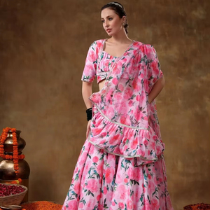 Meraki jannat ชุดผ้าไหมแต่งงานทรงสลิมฟิตแต่งด้วยผ้าลูกไม้ลายดอกไม้สีชมพูทันสมัย - Product Image 1