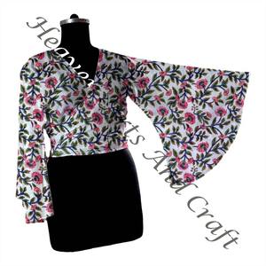 2025 à la mode Floral Wrap Cravate Top Bloc Imprimer Club Robe De Soirée Filles Cloche Manches Wrap Cravate Top Main Bloc Imprimer Top - Product Image 2