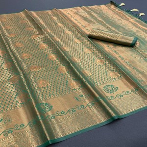 Sari en soie Banarasi élégant et doux avec des fils de cuivre sur toute la surface et un tissage jacquard, vêtement ethnique haut de gamme pour les occasions spéciales - Product Image 2