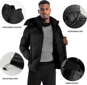 Veste d'hiver à bulles d'air pour hommes avec logo personnalisé Veste utilitaire d'extérieur en nylon épais et chaud à capuche détachable - Product Image 5