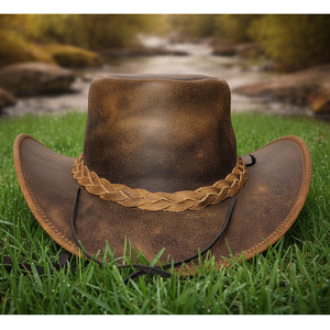 Leather Cowboy <b>Hat</b> With Braided Rope <b>Band</b> Wide Brim Unisex Outdoor Casual Spring Autumn Adult 56-58CM - Product Image 1