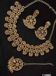 Bijoux indiens forme de fleur plaqué or Motipearl traditionnel Kundan clouté collier ras du cou boucle d'oreille Mangtika ensemble de bijoux - Product Image 2