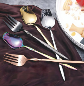Rainbow Color 5 Rose Spoon and 5 Heart Engraved Fork <b>Flatware</b> <b>Set</b> For any Occasion (Pack of 10) - Product Image 5