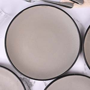 Minimalist <b>Black</b>-Rimmed Grey 10.5 Inch <b>Dinner</b> Plate <b>Set</b> 4 for Parties Low MOQ Customizable Long Ceramic Pizza Plate Service - Product Image 5