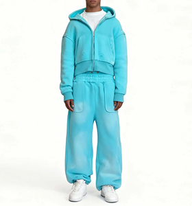 Unisex Cyan Crew Neck Tracksuit Set Elastic Waist Breathable Lightweight Loose Fit Solid Color Cotton Casual Wear Streetwear - Product Image 1