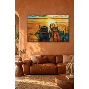 Impression sur toile de quai en bois et de bateau à rames au coucher du soleil Fida - Product Image 1