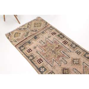 Alfombra Vintage Estilo Runner, Alfombra Turca de 2.7x10.3 pies, Alfombra de Lana a Cuadros Marrón - Product Image 1