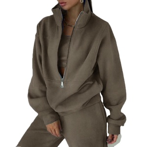 Femmes Logo personnalisé 2025 Sports d'hiver décontracté polaire survêtement longue longueur survêtement ensemble demi fermeture éclair à capuche col rond tissu gaufré - Product Image 4