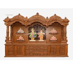 Templo de madera de teca de gran tamaño con cúpula triple Templo artesanal de madera de teca tradicional Diseñador Templo tallado a mano pulido natural - Product Image 1