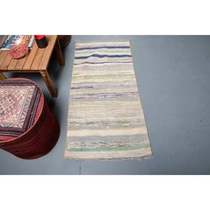 Tapis Turc Moderne Beige Bleu Rayé 210X430 cm Laine Bambou Soie Polyester pour Salon 10mm Epaisseur Patchwork Latex - Product Image 1
