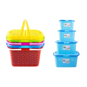 <b>Plastic</b> Picnic <b>Basket</b> with Split Lids and Handles Hollow Mesh Storage Organizer <b>Basket</b> Shopping Tote for Market Outdoor Grocery - Product Image 6