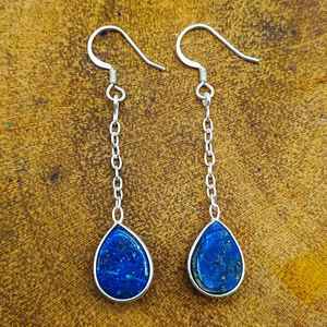 Bohemian Style 925 Sterling <b>Silver</b> <b>Drop</b> <b>Earrings</b> with Natural Lapis Gemstone for Wedding or Gift Solid for Women - Product Image 3