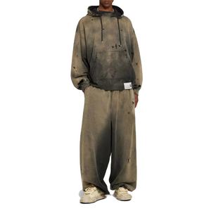 Tracksuit Men Vintage Cropped Zip Hoodie and Sweatpants Set <b>Distressed</b> Patch Embroidery Sun Faded Acid Wash Tracksuit - Product Image 3