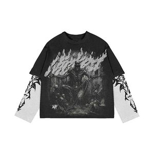 Camisetas estampadas personalizadas de manga larga de verano para hombre, camisetas de estilo Vintage de algodón de peso pesado - Product Image 3