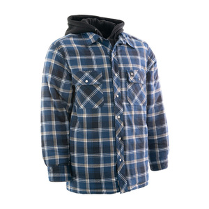 Wholesale Unisex Oversized Long Sleeve Blue Hooded Sherpa Lined <b>Flannel</b> Shirt <b>Jacket</b> for Men - Product Image 3