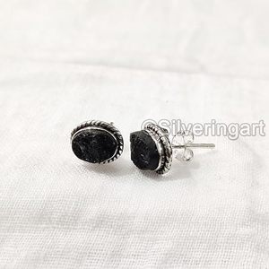 Pendientes de Botón para Mujer, Turmalina Negra Natural en Bruto, Joyería Hecha a Mano para Navidad o Cumpleaños, Plata de Ley 925 - Product Image 3