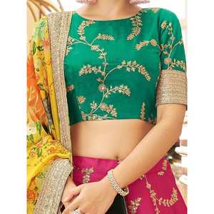 Robe de soirée en soie artificielle rose fascinante, style lehenga choli, robe de bal longue jusqu'au sol avec manches courtes et col haut - Product Image 3