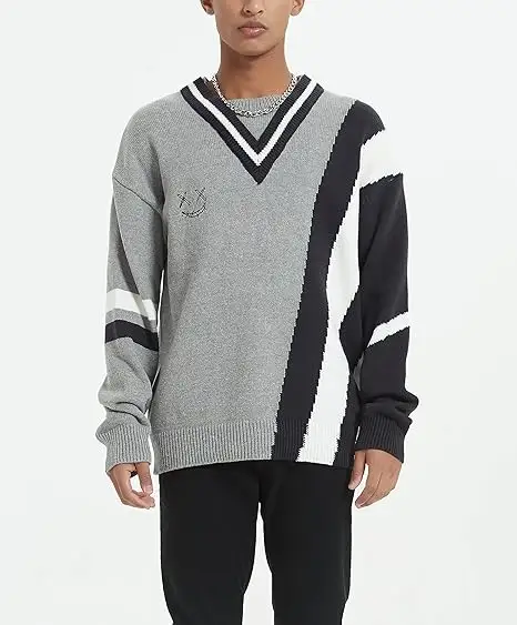 남성용 스웨터 힙합 V 넥 점퍼 캐주얼 대형 자카드 니트 스웨터 남성 패치 워크 스트리트웨어 패션