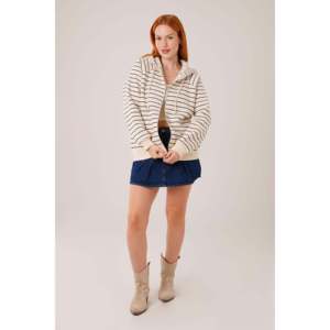 Lustrin Women's Wholesale Hooded Zippered Striped <b>Cardigan</b> <b>Sweater</b> - Stone Gray Cotton Polyester Blend Casual Outerwear - Product Image 2