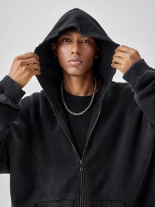 Sudaderas Unisex desgastadas con logotipo bordado con apliques personalizados, sudaderas con capucha de peso pesado y de gran tamaño con cremallera, ropa de calle desteñida por el sol, Sudadera con capucha lavada con ácido - Product Image 2