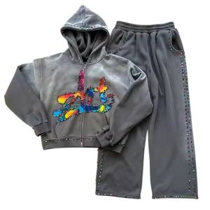 ชุดวอร์มมีฮู้ดแบบมีซิปติดโลโก้ออกแบบได้ตามต้องการมีฮู้ดทรงหลวมกางเกงมีฮู้ดซักด้วยกรดชุดวอร์มพิมพ์ DTF เต็มรูปแบบ - Product Image 3