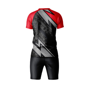 Ensemble d'uniformes de football personnalisés pour hommes, rouge et noir, impression par sublimation, maillot et short respirants en polyester, tenue d'équipe de football OEM - Product Image 2