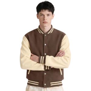 Chaqueta de béisbol universitaria de invierno de estilo urbano para hombre, algodón marrón, sensación de cuerpo ligero para mangas, ajuste de contraste, Varsity 100% algodón - Product Image 1