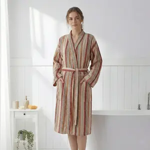 Peignoir en coton tissé 100 % pour femmes et hommes, été/printemps, respirant, séchage rapide, col en V, cordon de serrage, longueur intégrale, fabriqué en Turquie - Product Image 1