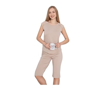 Ensemble de pyjama décontracté en viscose tricotée pour femme, automne, printemps, été, confortable pour la maison, tenue de nuit, tunique courte, pantalon capri - Product Image 2