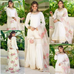 Automne spécial superbe couleur blanche multi pierre et miroir travail pur naturel crêpe soie tissu Anarkali Salwar Kameez à bas taux - Product Image 3
