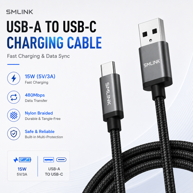 15W Type-C to USB 2.0 1.2m 5V 3A Fast Charge Cable with Foil Shielding Nylon Fabric Jacket for iPhone & Computer cable charging