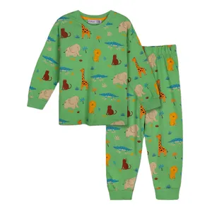 Wholesale Best Kids Pajama Sets Trendy and Cool Children's 100% Cotton Single Jersey Pajama Set with Green Animal Patterns