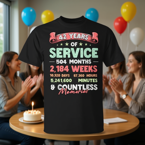 T-shirt da donna per pensionamento, 42 anni di servizio commemorati, personalizzabile, regalo promozionale commemorativo - Product Image 2