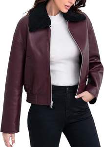 Chaqueta de cuero para mujer, chaqueta bomber de piel de cordero, cuello de Sherpa extraíble, cremallera frontal - Product Image 4