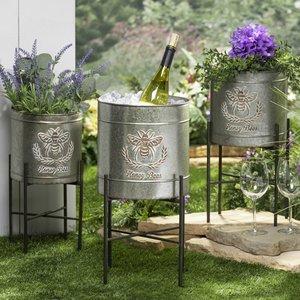 Maceta galvanizada con Base de madera, soporte de metal galvanizado para plantas de jardín, macetas y macetas de doble pared - Product Image 4