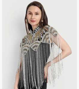 Robe de soirée burlesque festive, cape, perles, sequins, broderie, design asymétrique élégant, 100% polyester, mini col haut - Product Image 4