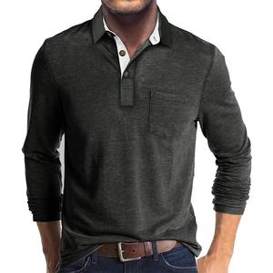 Automne hommes à manches longues solide bouton haut pull hauts à la mode printemps Jersey bas pour polos avec col rabattu - Product Image 2