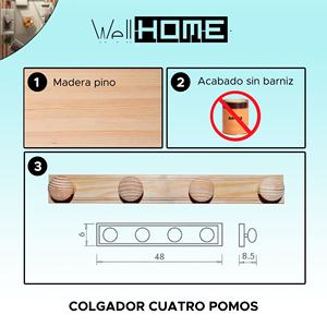 WELL HOME Porte-manteau mural en bois à 4 crochets, finition non vernie, 48x9x6 cm - Product Image 2